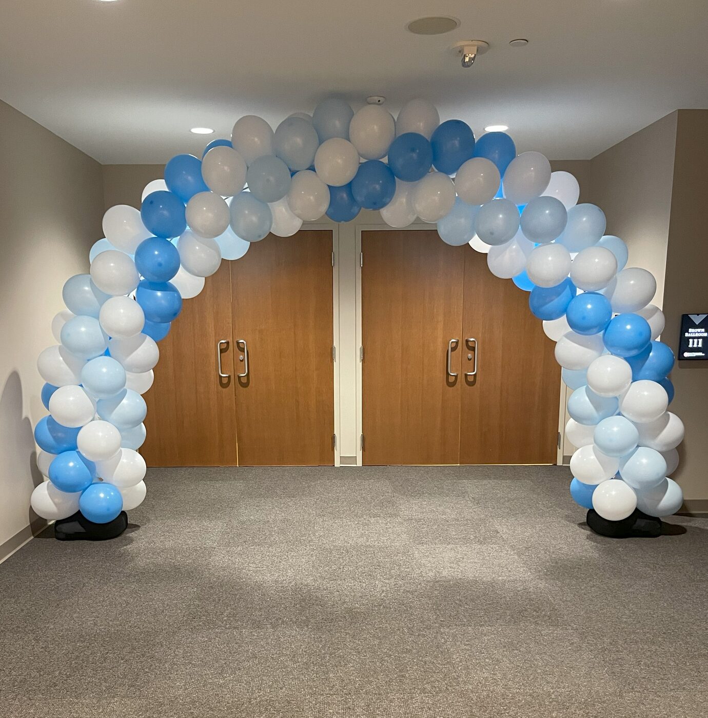 Blue and white balloon archway