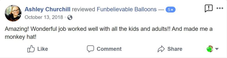 Five-star Facebook review from Ashley Churchill about balloon work for children and adults