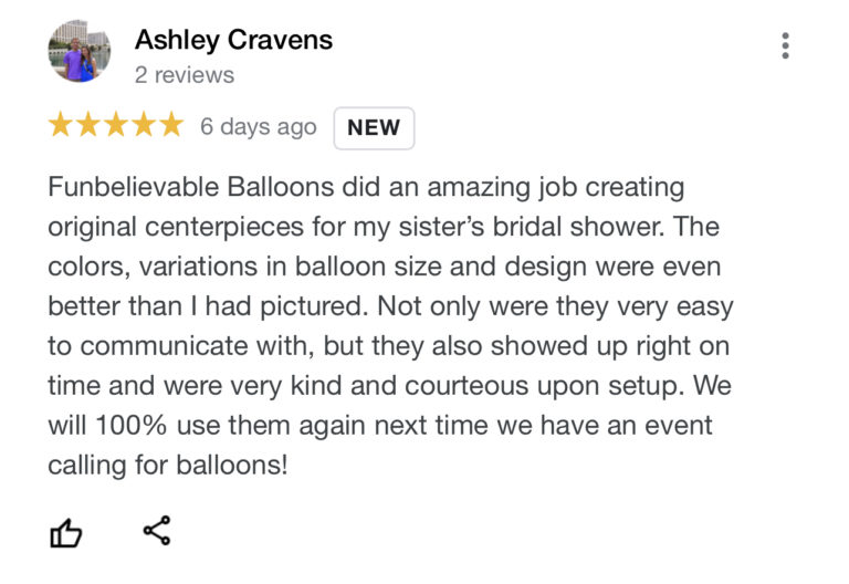 Five-star Google review from Ashley Cravens about bridal shower balloon centerpieces