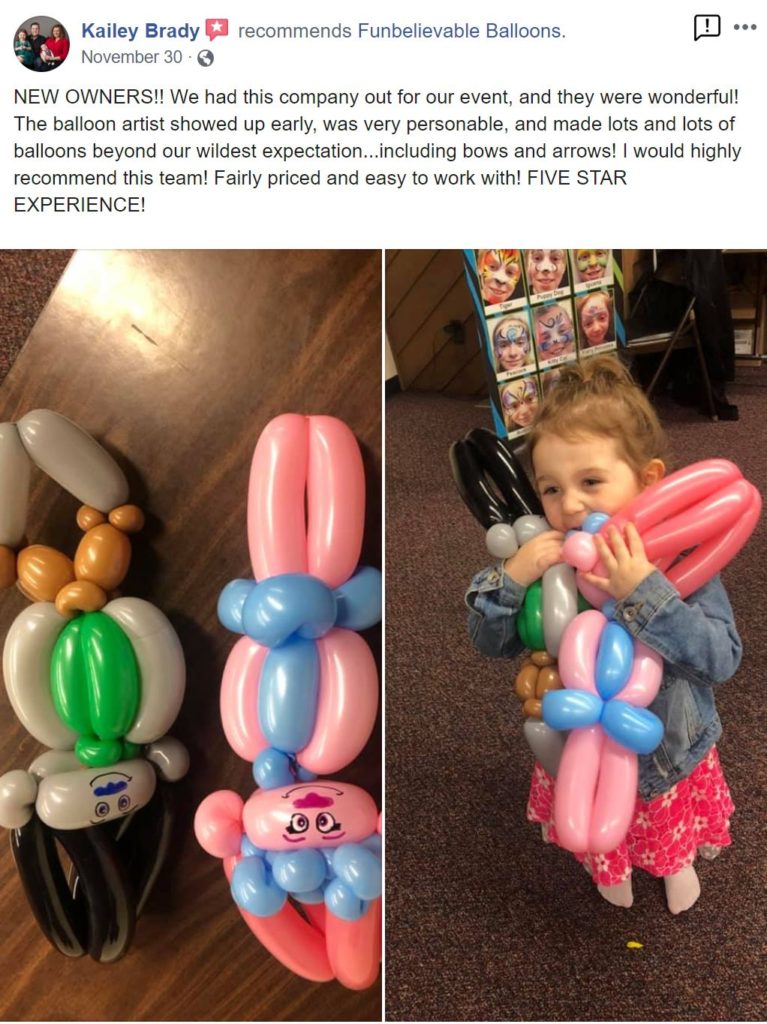 Five-star Facebook recommendation from Kailey Brady about balloon twisting at an event