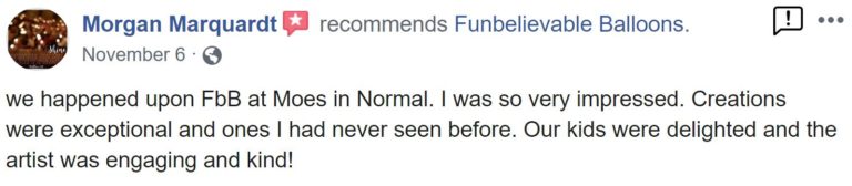 Facebook recommendation from Morgan Marquardt about balloon creations at a restaurant